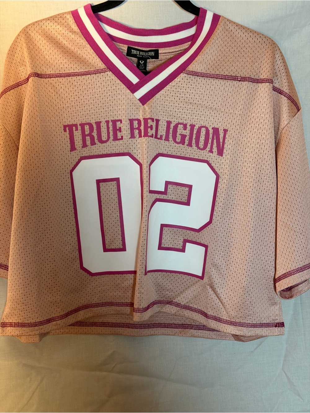True Religion Pink and White Cropped Mesh Jersey Tee